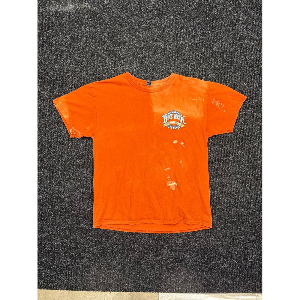Gildan Daytona Beach Bike Week 2025 Orange Graphic T-Shirt Mens Large Distressed